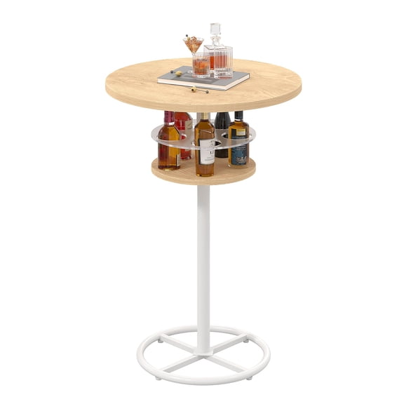 36 Inch Oak Finish High Top Bar Table With Metal Base And Bottle Storage Shelf