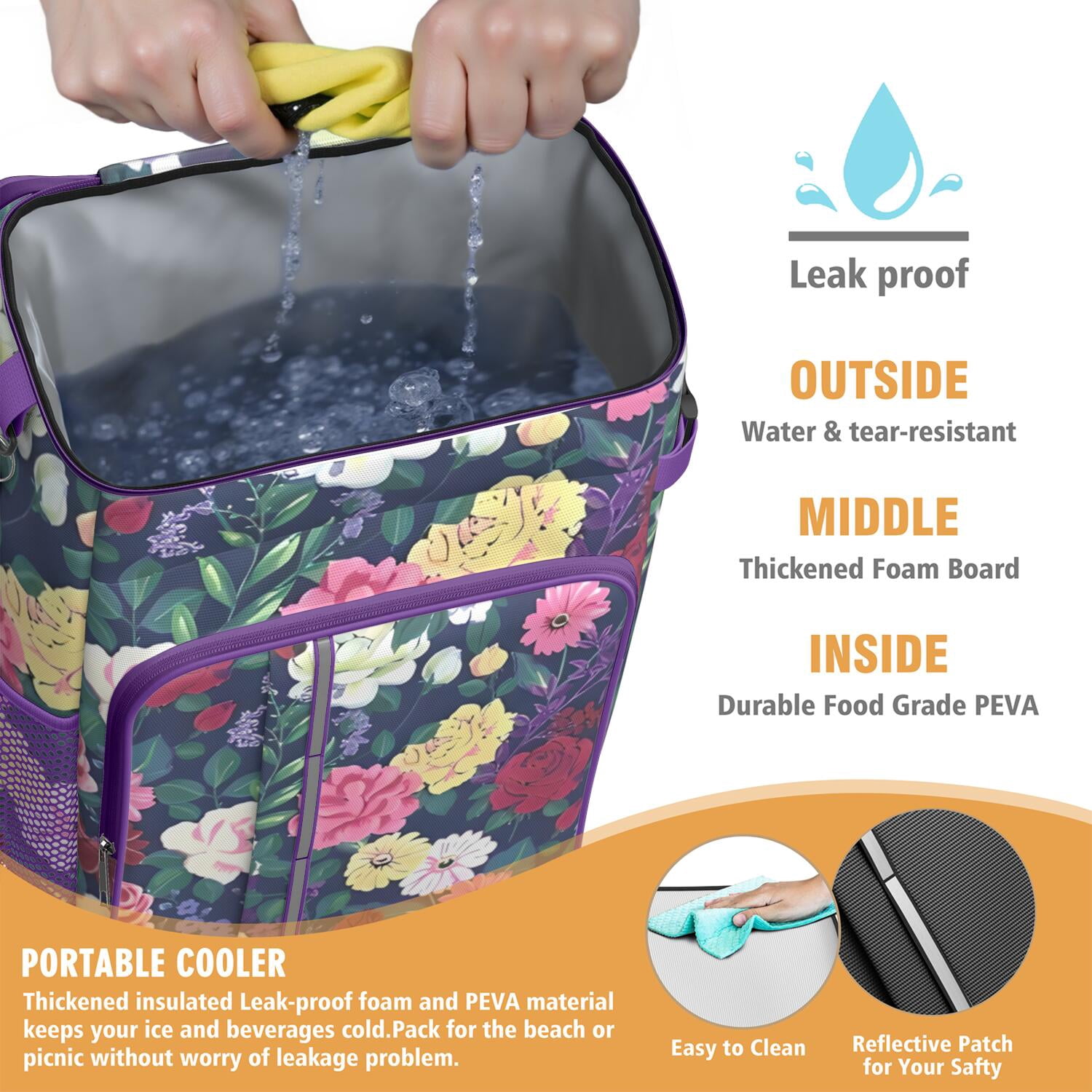 Travel Cooler Bag - Pioneer Flower Floral Print Pattern Camping Beer Cooler Backpack with Bottle Opener- Waterproof Insulated Picnic Backpacks - Cooler Bag for Beach