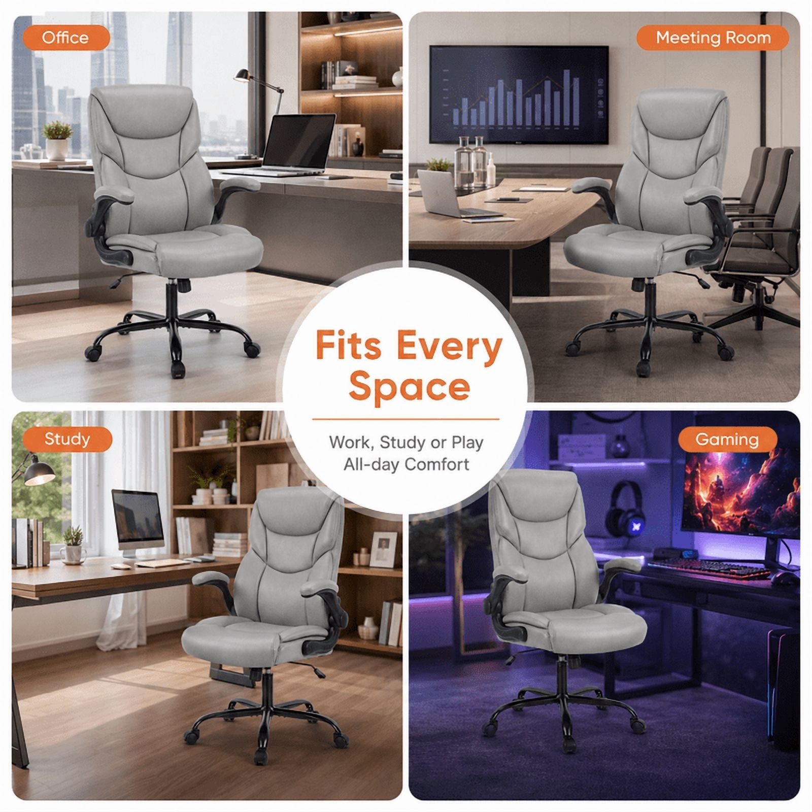Ergonomic PU Leather Executive Office Chair, Adjustable Height Desk Chair with Lumbar Support, Wide Seat, 360° Swivel and Quiet Wheels, Gray