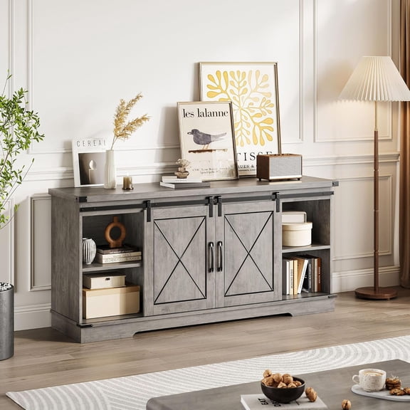 TV Stand for 65 Inch TV,Entertainment Center with Storage Cabinets,Adjustable Shelf and Sliding Barn Doors,Mid Century Modern Media TV Console Table for Living Room Bedroom