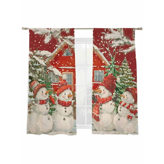 Christmas Sheer Curtains 2 Panels Set, Xmas Tree Cute Snowman Winter Snowflake Window Sheer Curtains for Living Room/Bedroom, Light Filtering Rod Pocket Voile Drapes, 52" W x 72" L