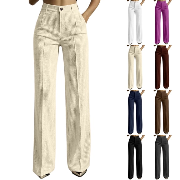 Women's Knit High Waist Wide Leg Trousers, Front Button Zipper Pocket Commute Office Pants, Breathable Casual Bottoms for Daily Workplace | TruHer,Black L