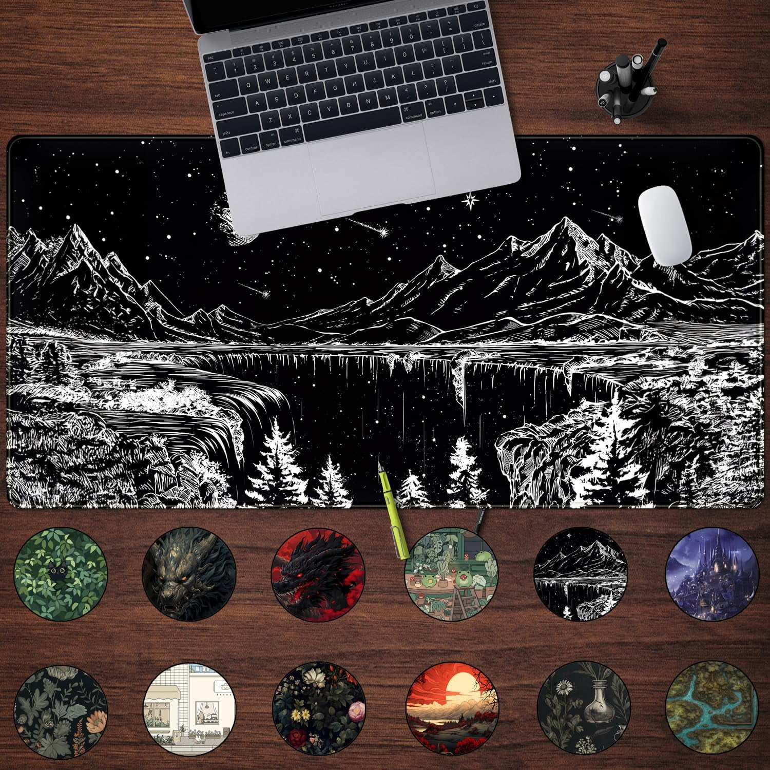 Black and White Desk Mat Dark Nature Forest Mouse pad XXL Starry Night Mountain Desk pad Aesthetic Moon and Stars Mousepad XXL for Laptop Computer Mouse Gaming Keyboard Mat, 31.5 X 15.8 in