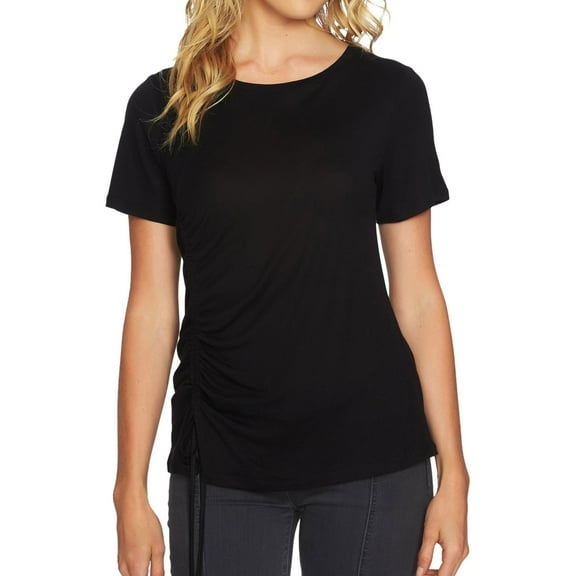 1.STATE Womens Cinched Asymmetrical-Hem Basic T-Shirt, Black, Small