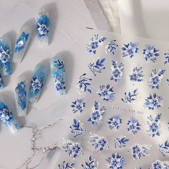 5D Embossed Flower Nail Stickers 1 Sheet Blue Flower Nail Art Stickers for Nail Art Self-Adhesive Nail Design Stickers Nail Supplies DIY Nail Decals