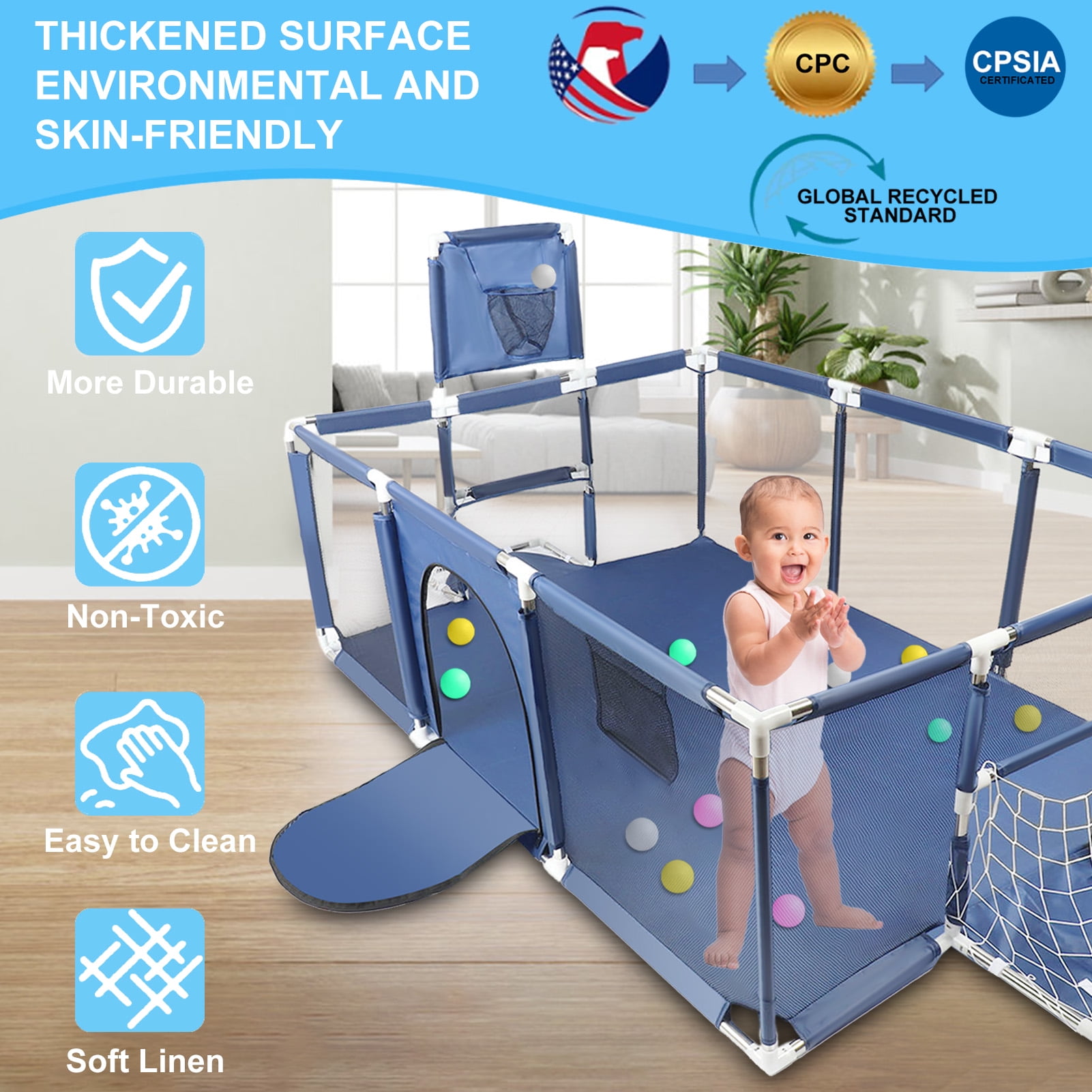 71” x 48” Extra Large Baby Playpen with Basketball Hoop & Soccer Net, No-gap safety Play Yard for Babies & Toddlers, Sturdy Mesh Fence Ball Pit Area (No Balls)