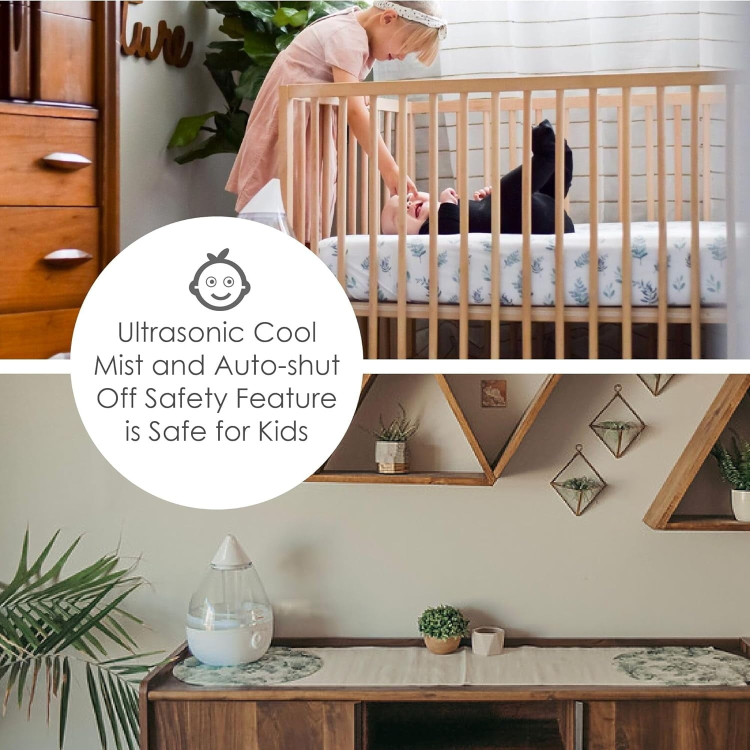 White Teardrop Ultrasonic Cool Mist Humidifier, 1 Gallon Auto Shut-Off for Large Room, Baby Nursery, Bedroom Office, Clear & White