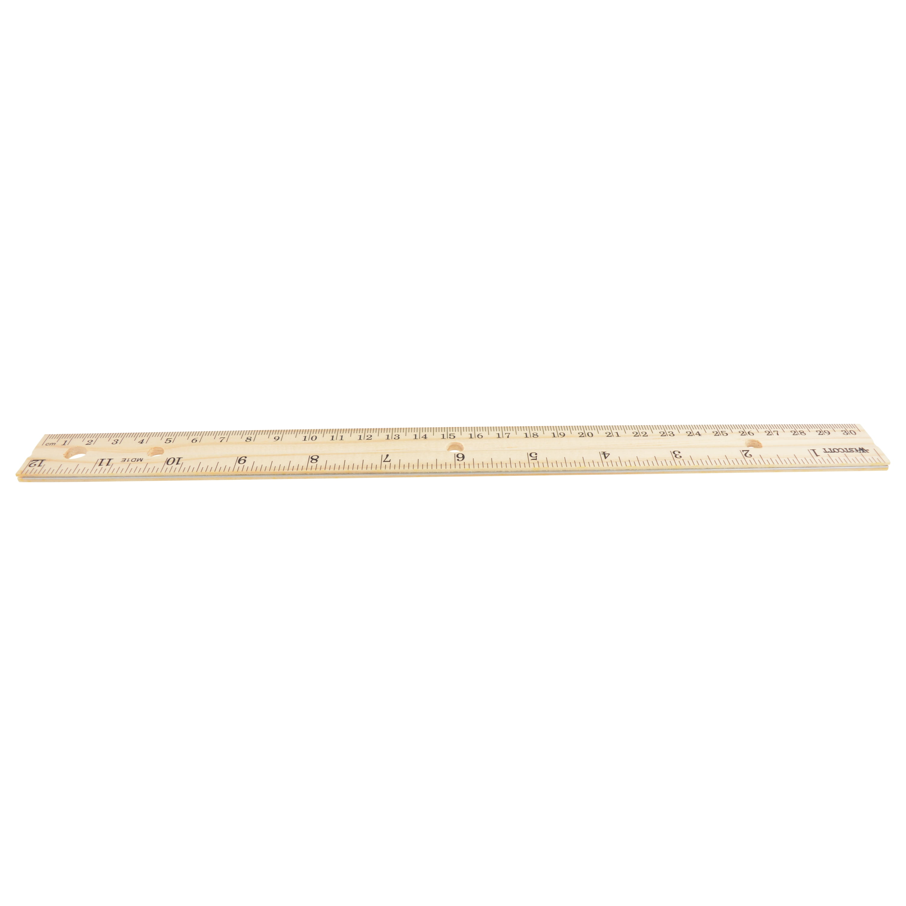 Westcott 12" Hole Punched Wood Standard Ruler, English/Metric, Metal Edge, High School, for Office, 1-Count