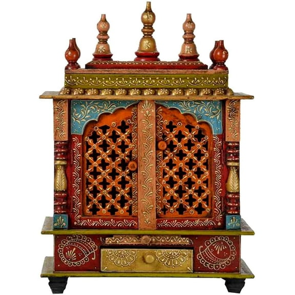 Wooden MDF Ethnic Rajisthani Multi Colored Temple / Devghar / Pooja Mandap / Indian Hindu Pooja Temple / Wall Hanging And Table Top Mandir