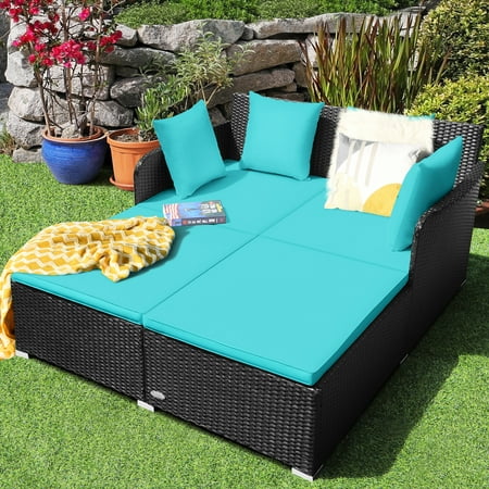 Gymax Rattan Patio Daybed Loveseat Sofa Yard Outdoor W Turquoise Cushions Pillows Canada Gymax Rattan Patio Daybed Loveseat Sofa, Gymax Rattan Patio Daybed