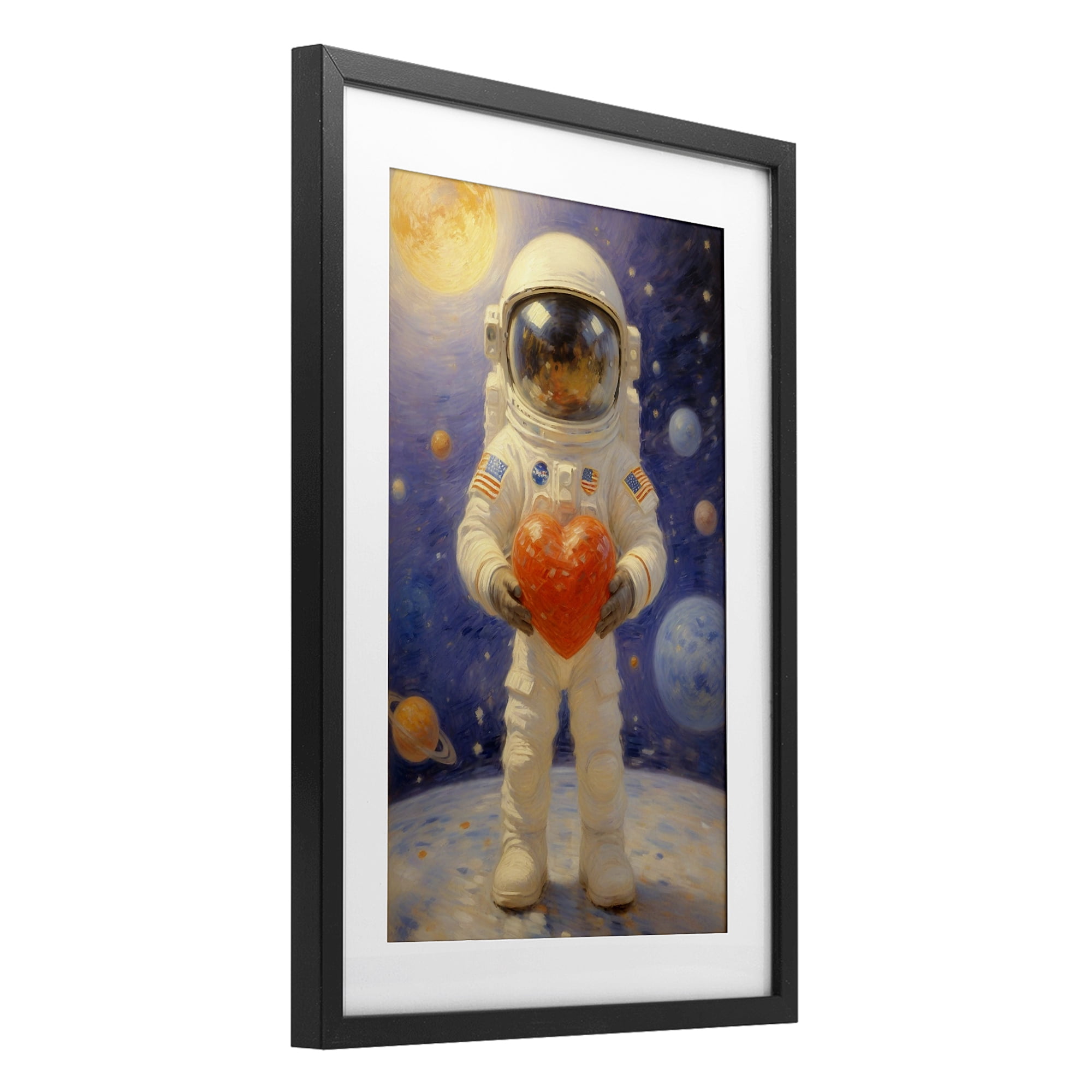 Astronaut Holding Heart Black Framed Print Under Glass, design by Angie Hawke