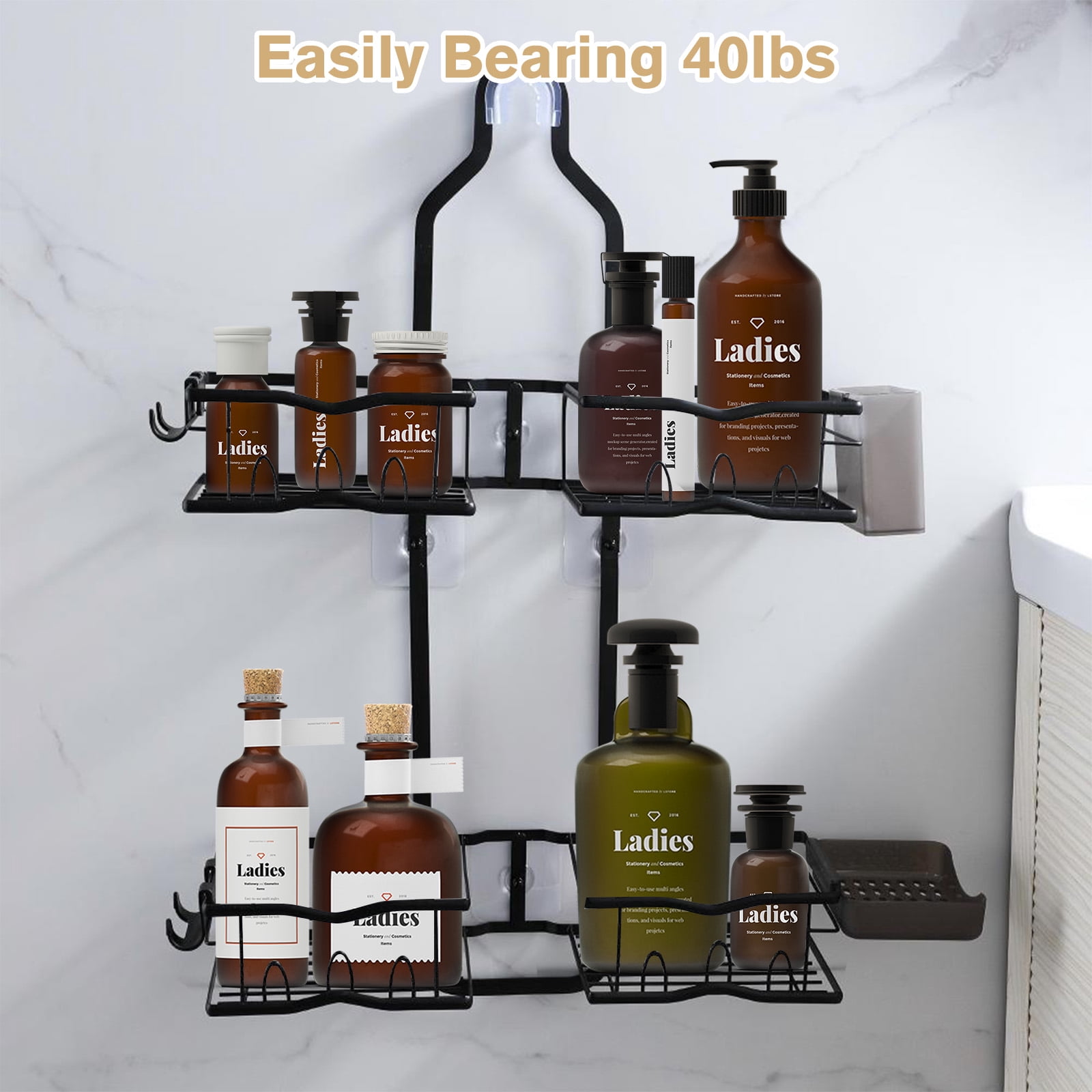 VEGCOO Over The Shower Head Caddy - 2 Tier Hanging Rustproof Metal Shower Organizer with Integrated Toothbrush Holder & Soap Dish, No Drill Adjustable Bathroom Shelf, for Shampoo, Loofah, Razors