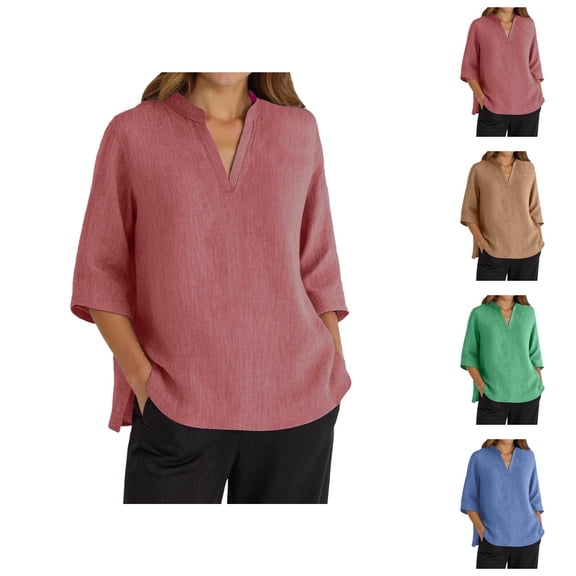 3/4 Length Sleeve Womens Tops 2026 Trendy V Neck Loose Casual Cotton Linen Plain Tshirt Womens Blouses