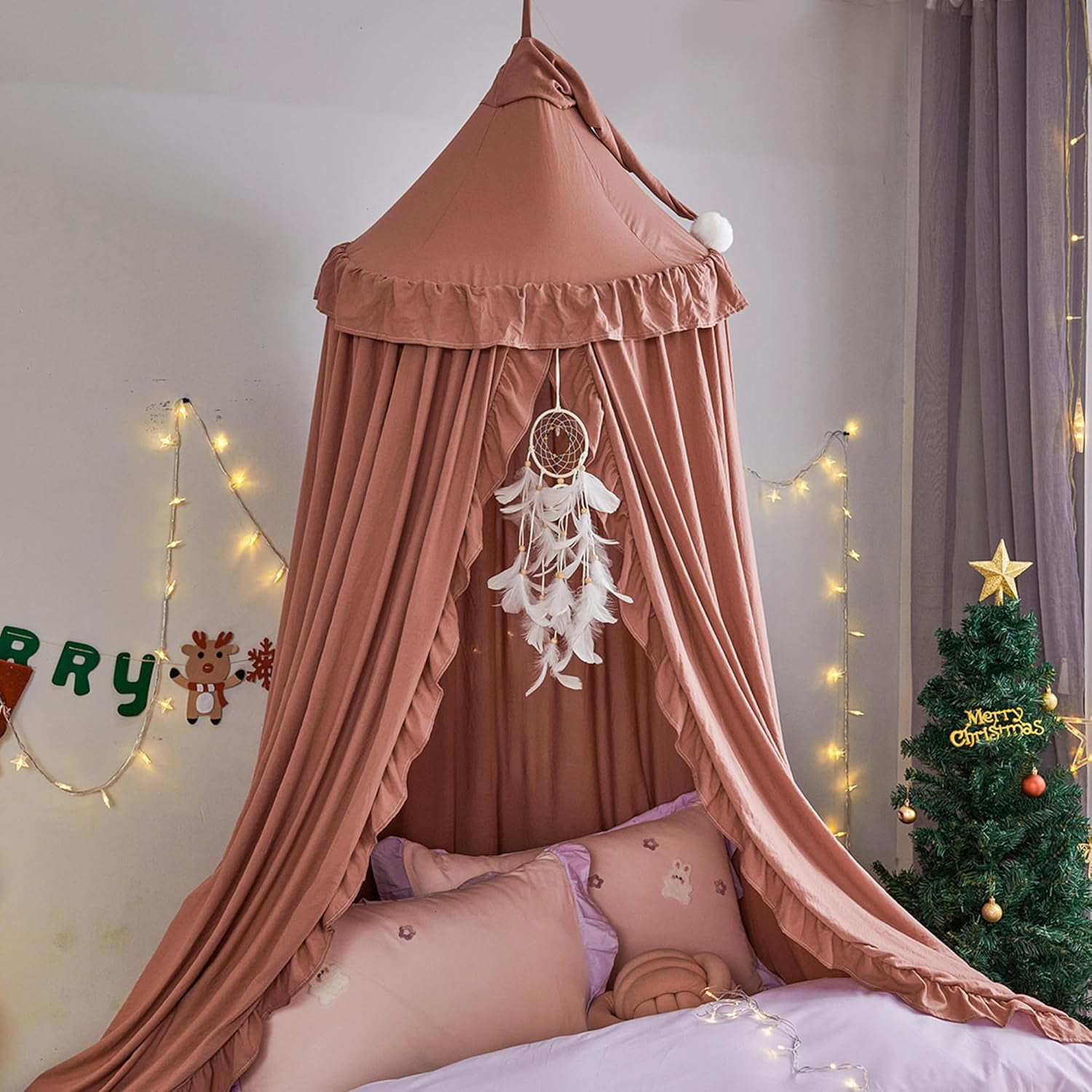 Bed Canopy for with Lights,Double Layer Princess Round Dome Dreamy Mosquito Net Bedding Girls Room Castle Play Tent Hanging House Decor Reading Nook Canopies(Gray/White)