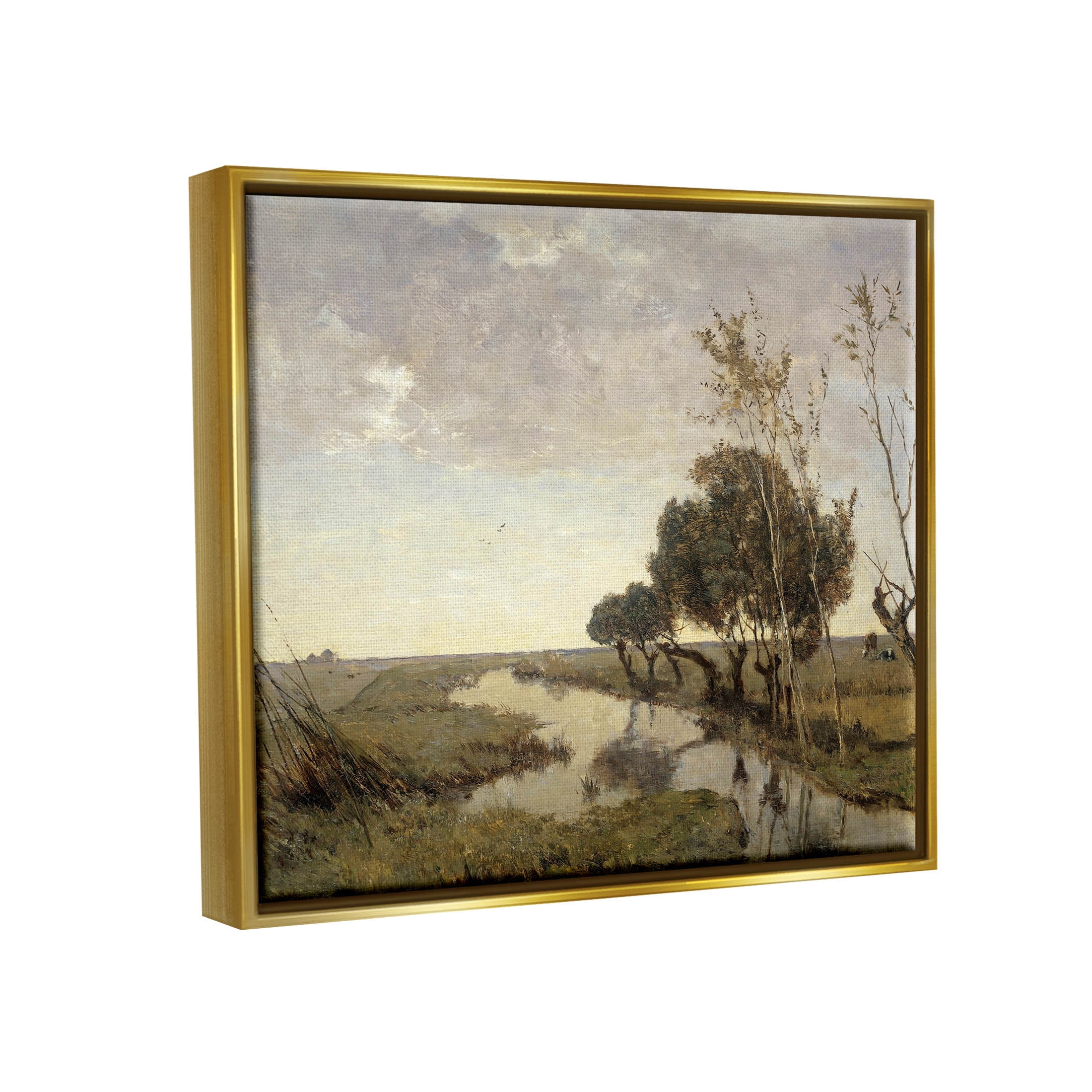 Classic Stream Animals Grazing Landscape Painting Metallic Gold Framed Art Print Wall Art