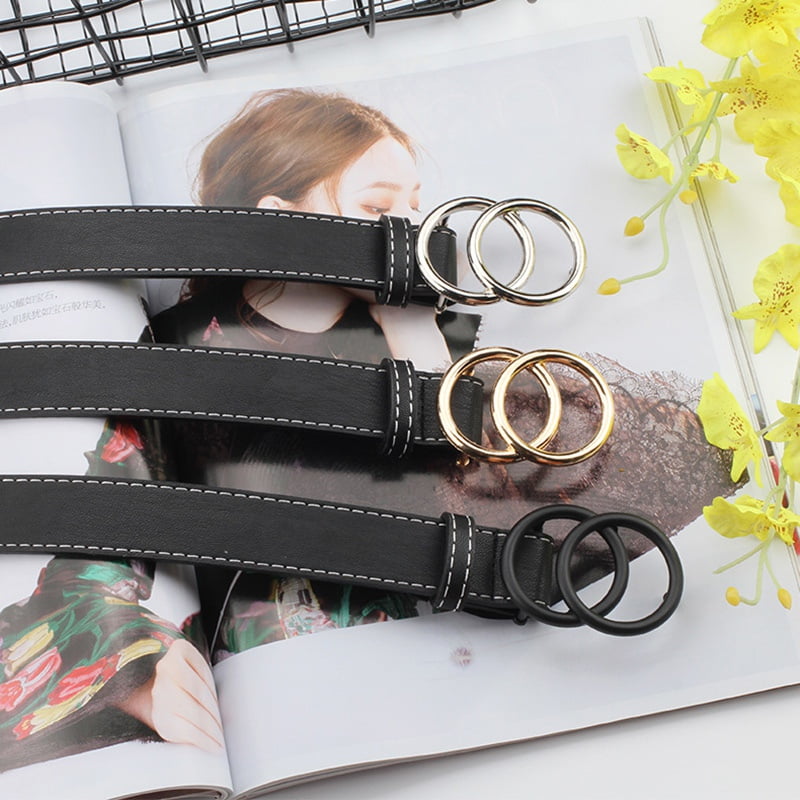 3 Pack Double Ring Belt for Women Faux Leather Jeans Belts with Golden Circle Buckle