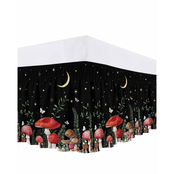 Mushrooms Black Bed Skirt King Size, Botanical Leaf Butterflies Country Moon Wrap Around Bed Skirting with Adjustable Elastic Strap, Dust Ruffled Pleated Bedskirts 18 Inch Drop for Bedroom King Beds