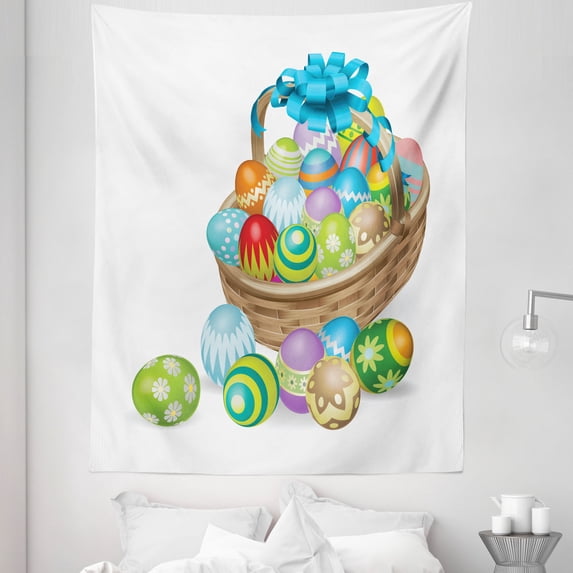 Easter Tapestry, Basket of Colorful Ornamental Eggs with a Blue Ribbon Spring Season Easter Holiday, Fabric Wall Hanging Decor for Bedroom Living Room Dorm, 5 Sizes, Multicolor, by Ambesonne