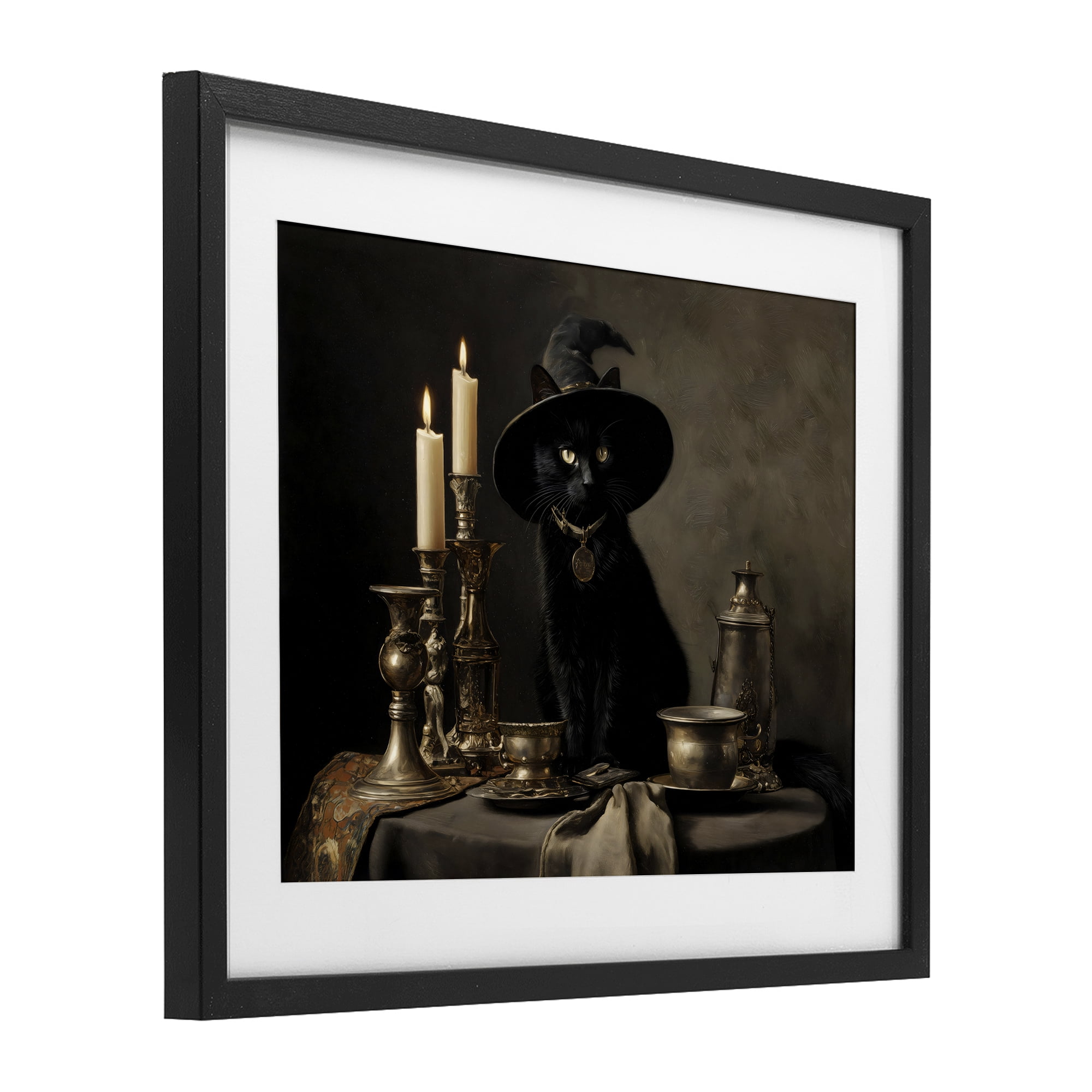 Vintage Witchy Black Cat Black Framed Print Under Glass, design by Arlington Prints