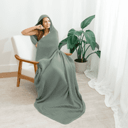 Comfy Cubs Adult Hooded Towel Large, 58 x 58 - Muslin Cotton Wearable Blanket, Fern