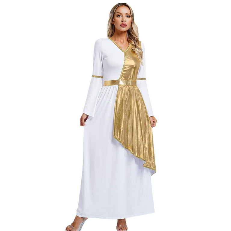 TiaoBug Women's Ancient Greek Metallic Overlay Dress Roman Queen Costume  Gold Trim Maxi Robe Gold XL - Walmart.com