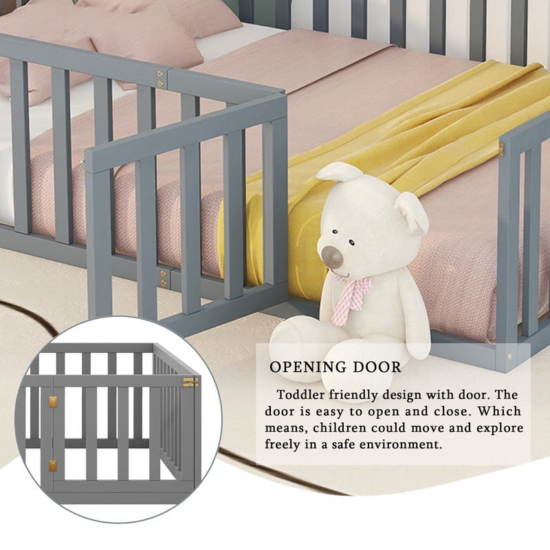 Full Size Wood Floor Bed with Door & Fence, Montessori Bed Frame with Full Length Safety Guardrails, Wood Full Bed with Slats, -No Box Spring NeededGray