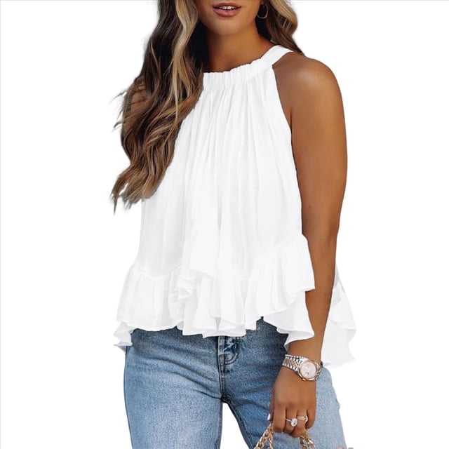 Blusa de Verano para Mujer, con Cuello Halter, Sin Mangas, Fruncida e Irregular, con Volantes L