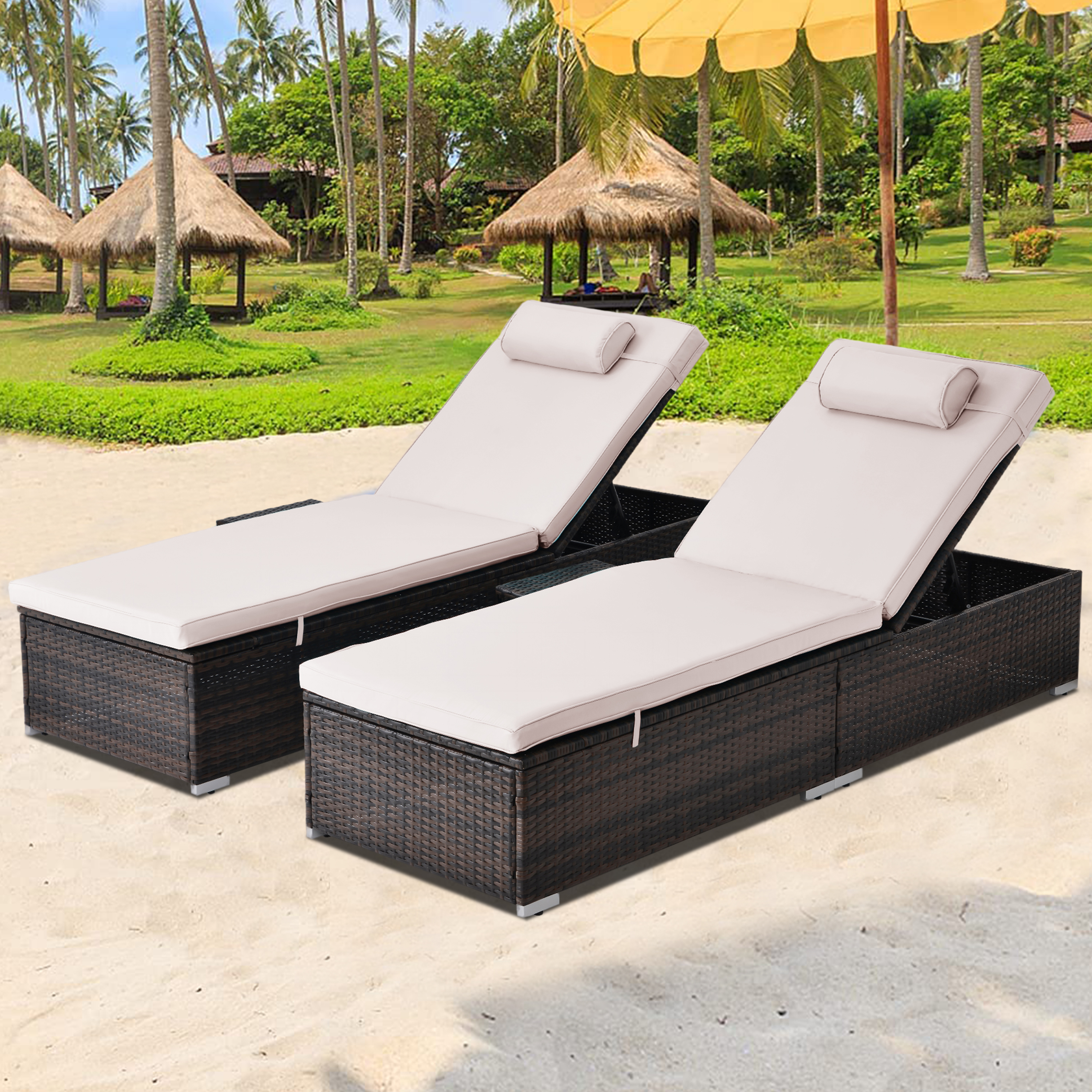 Outdoor Patio Lounge Furniture Set of 2, All-Weather Wicker Adjustable Backrest Recliners with Side Table, Pool Chaise Chairs Sets with Comfort Head Pillow, Glass Top Coffee Table, SS2349 - image 1 of 8