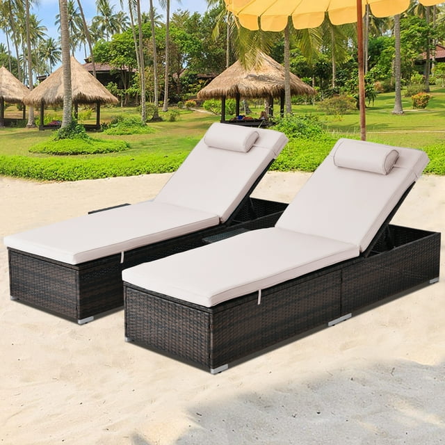 Outdoor Patio Lounge Furniture Set of 2, All-Weather Wicker Adjustable Backrest Recliners with Side Table, Pool Chaise Chairs Sets with Comfort Head Pillow, Glass Top Coffee Table, SS2349