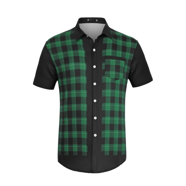 Lars Amadeus Camisa a cuadros de patchwork para hombre, manga corta, con botones, color block Verde negro S
