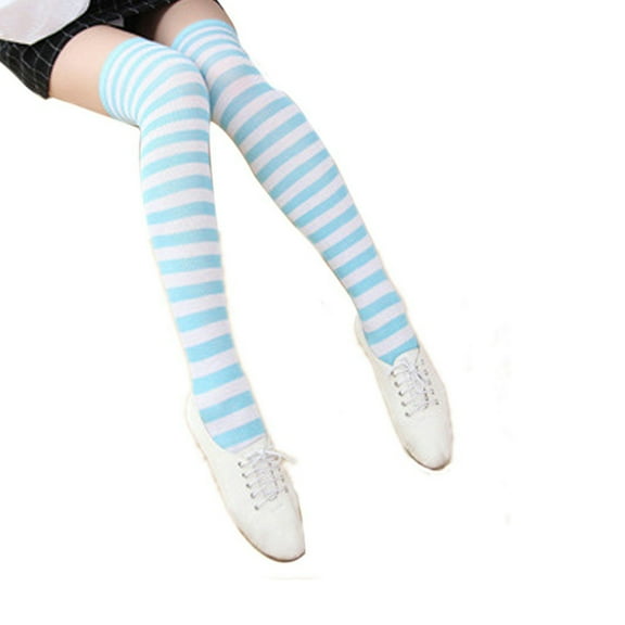 Masteelf Pair of Women's Blue and White Striped Thigh High Over the Knee Stocking Socks (Blue & White)