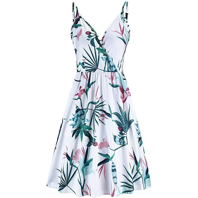 Robe d'Été Décontractée à Bretelles Spaghetti à Col en V à Fleurs pour Femme avec Poche Fleur Verte G