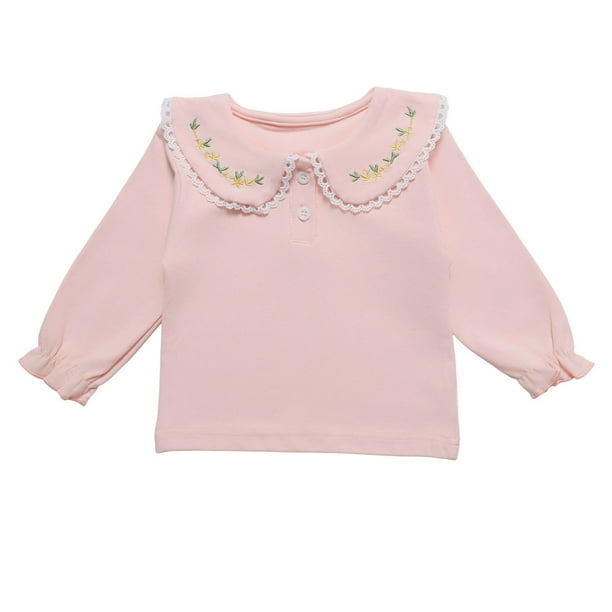 Cowsor Toddler Baby Girl Fall Clothes Perter Pan Collar Solid Long Sleeve T-Shirt Pullover Shirts Top Outfit
