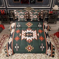 Homewish Vintage Western Aztec Bedding Comforter Set 7 Pieces, Tribal Hippie Bohemian Full Bedding Set, Olive Triangle Stripes Reversible Fitted Sheet Flat Sheet, Lightweight Room Decor
