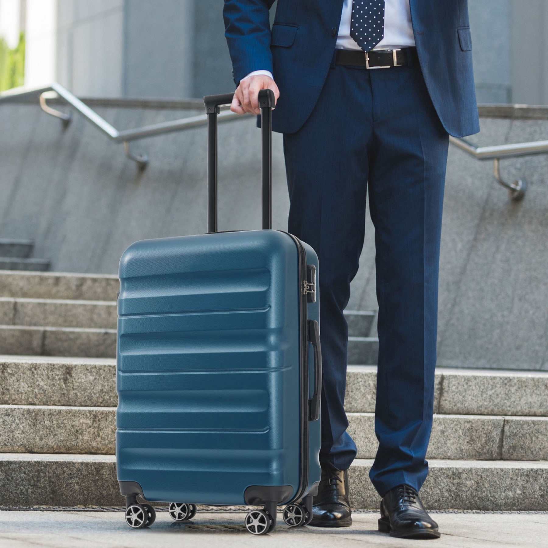 Hardshell ABS Luggage Set in Black 24-Inch Checked Suitcase with Spinner Wheels and Packing Cubes for Travel