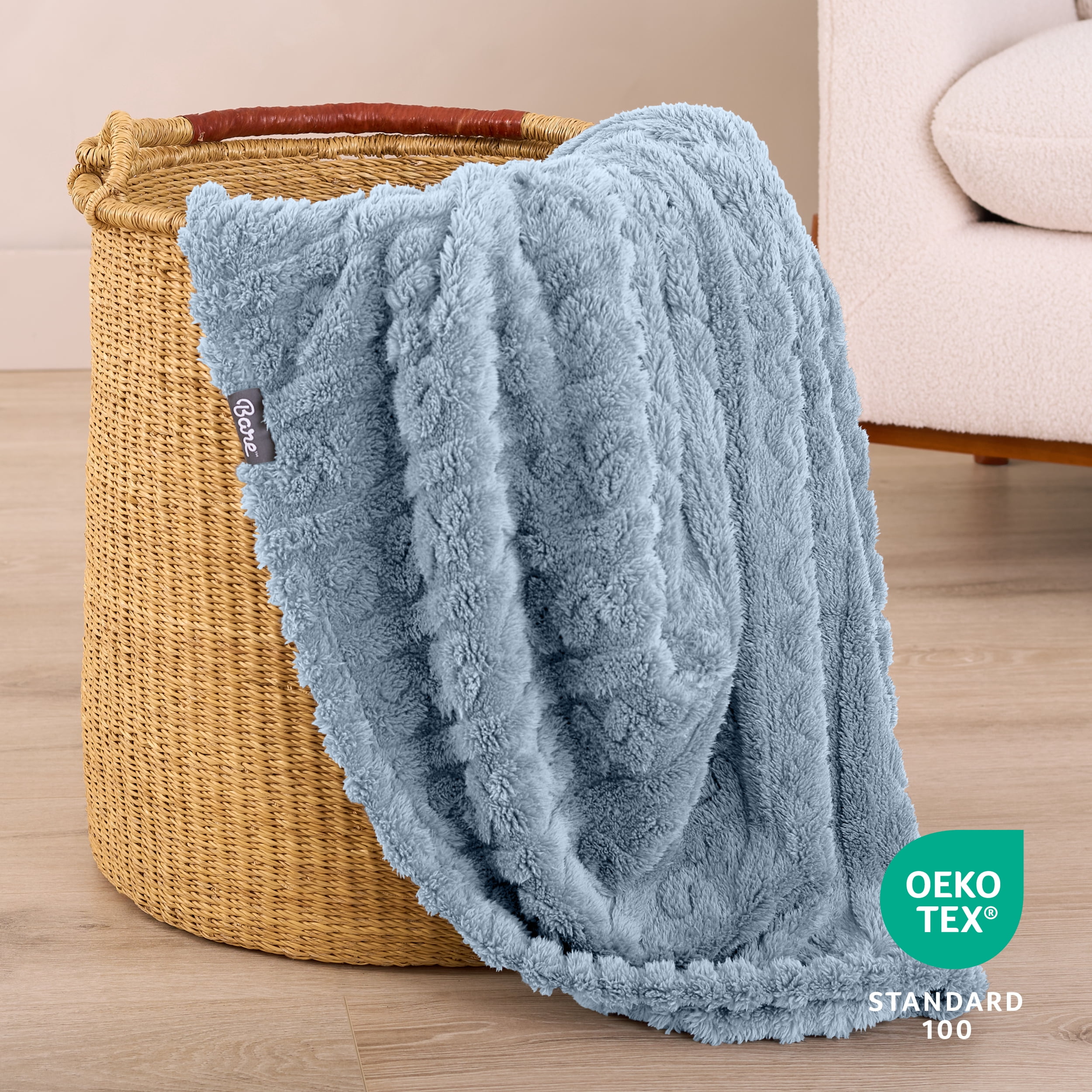 Bare Home Faux Shearling Blanket - Fluffy & Soft - Lightweight - Full/Queen, Dusty Blue - Cable