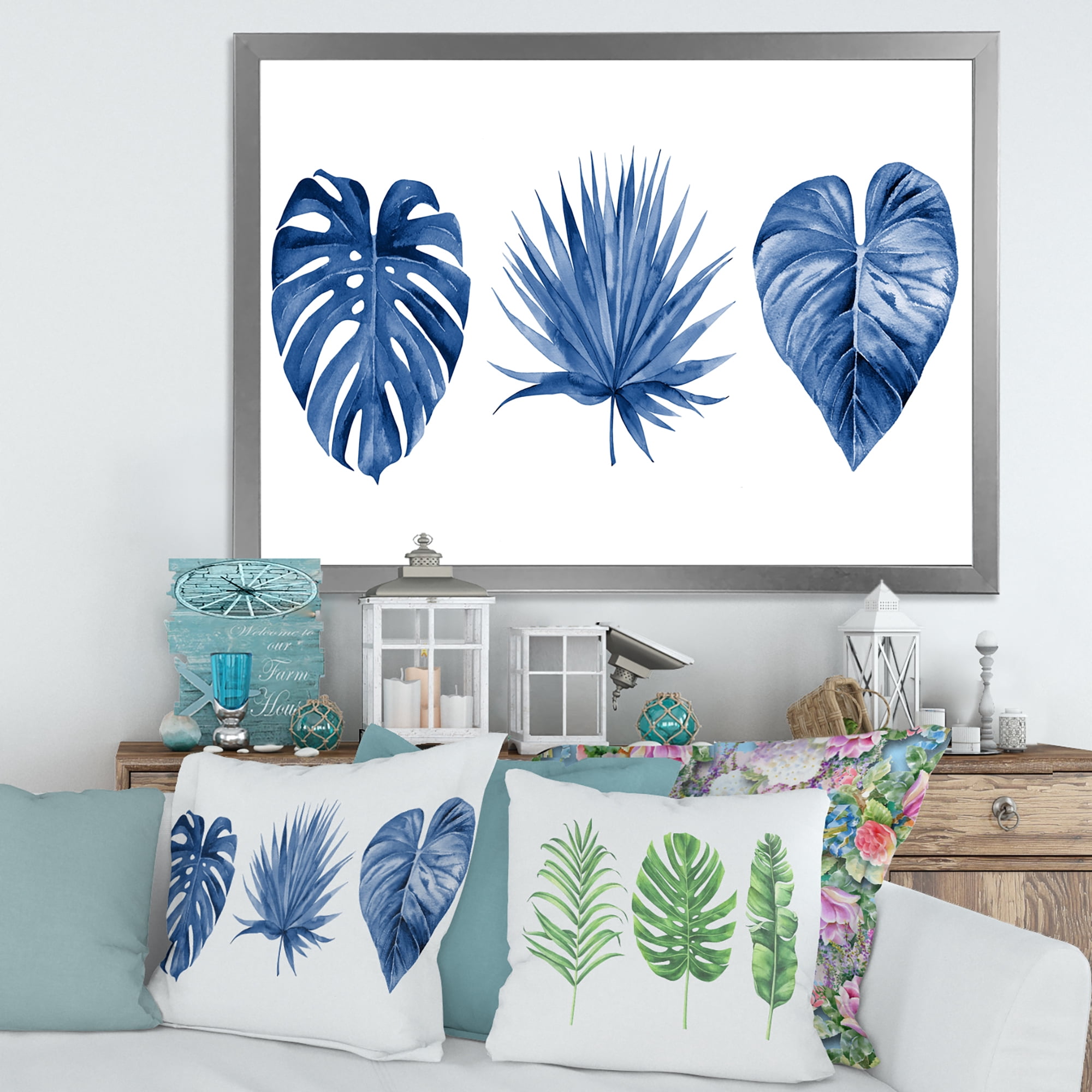 Designart 'Tropical Leaves In Classic Blue ' Tropical Framed Art Print