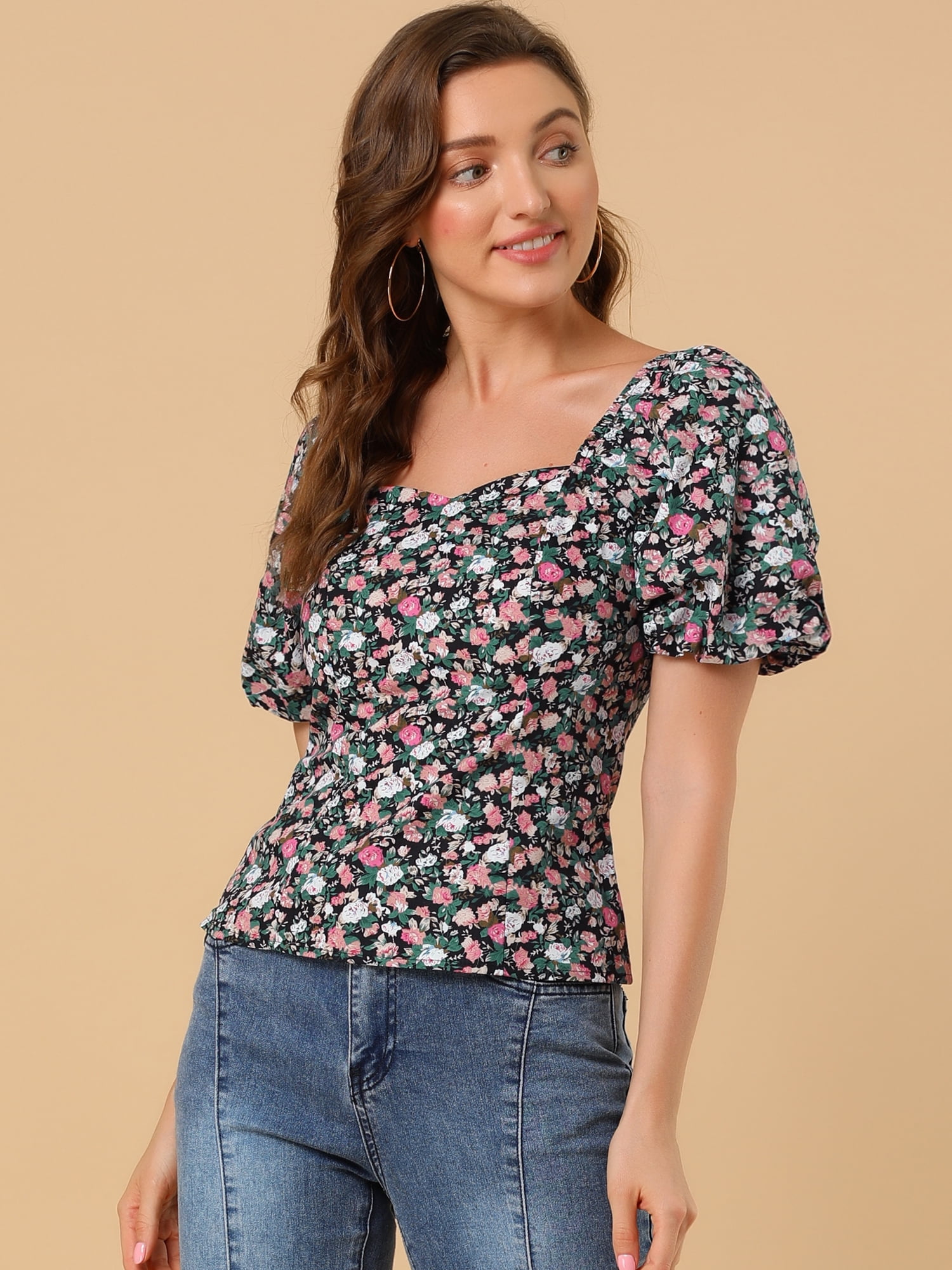 DARING DIVA Puff Sleeve Sweetheart Neck Smocked Floral Top XL Black
