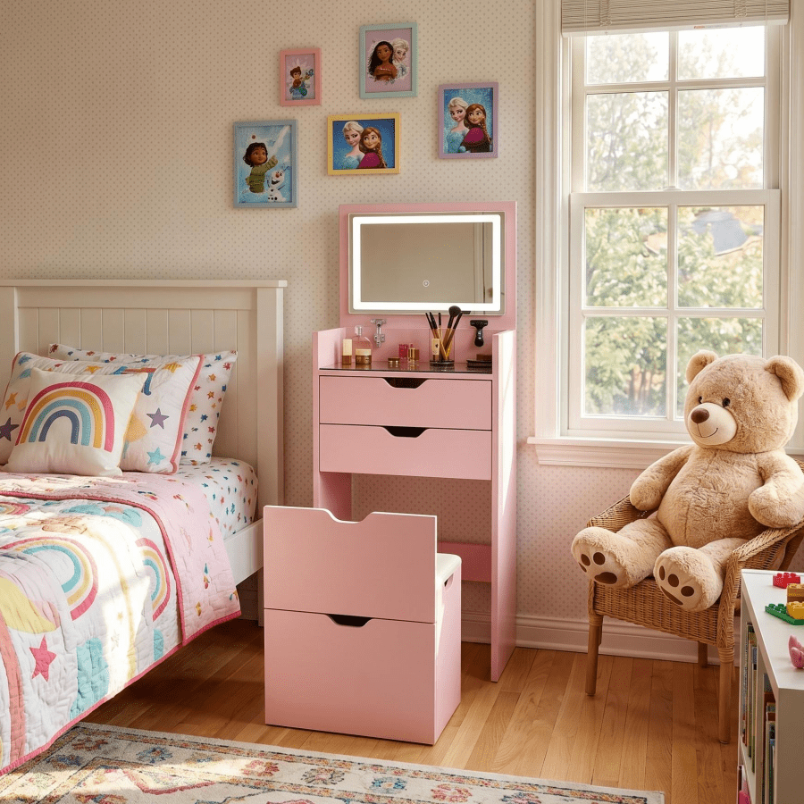 Homy Casa Vanity Table & Bench Set with Flip-Up Lighted Mirror, Drawers & Stool, Pink