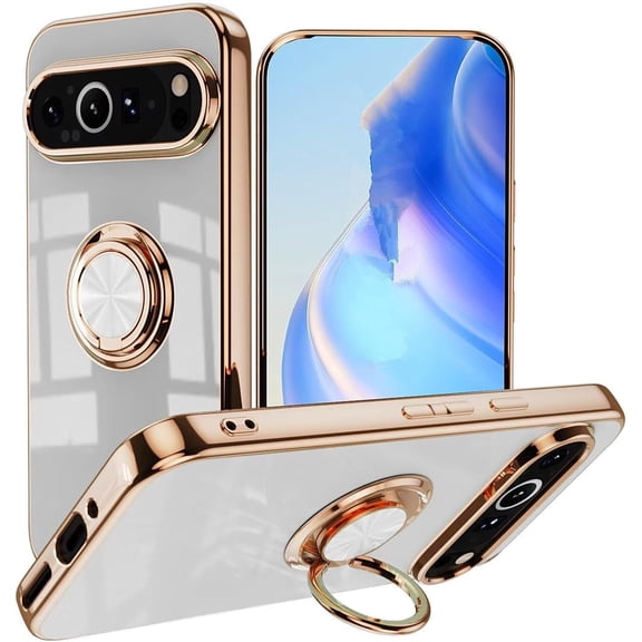 Case for Google Pixel 8 Pro,[Built-in Rotatable Magnetic Kickstand] Plating Edge Soft TPU Slim Drop Protection Shockproof Phone Case for Google Pixel 8 Pro 5G,6.7 inch 2023 (White)