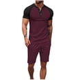thumbnail image 1 of Pantalones de los Hombres Cintura Elástica, Color Casual Bloqueado, Manga Corta Cuello Redondo Bolsillo Shorts Conjunto, 1 of 8