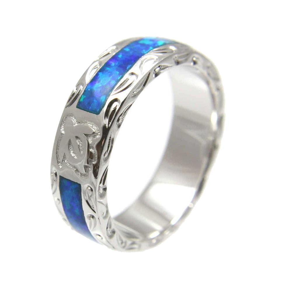 Arthurs Jewelry Sterling Silver 925 Synthetic Opal Hawaiian Honu Turtle Eternity Wedding Band Ring Unisex Size 5 to 12