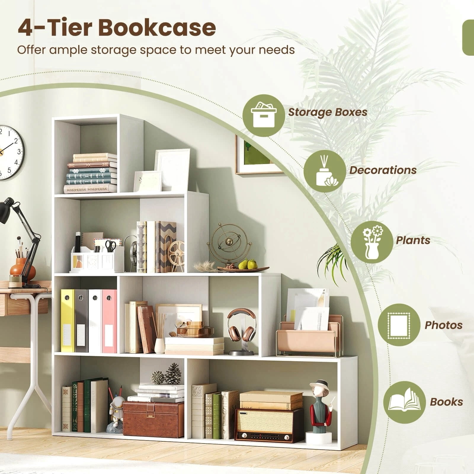 Auranook 4-Tier Bookshelf with 6 Storage Cubes 64" Tall Modern Geometric Stair Bookcase