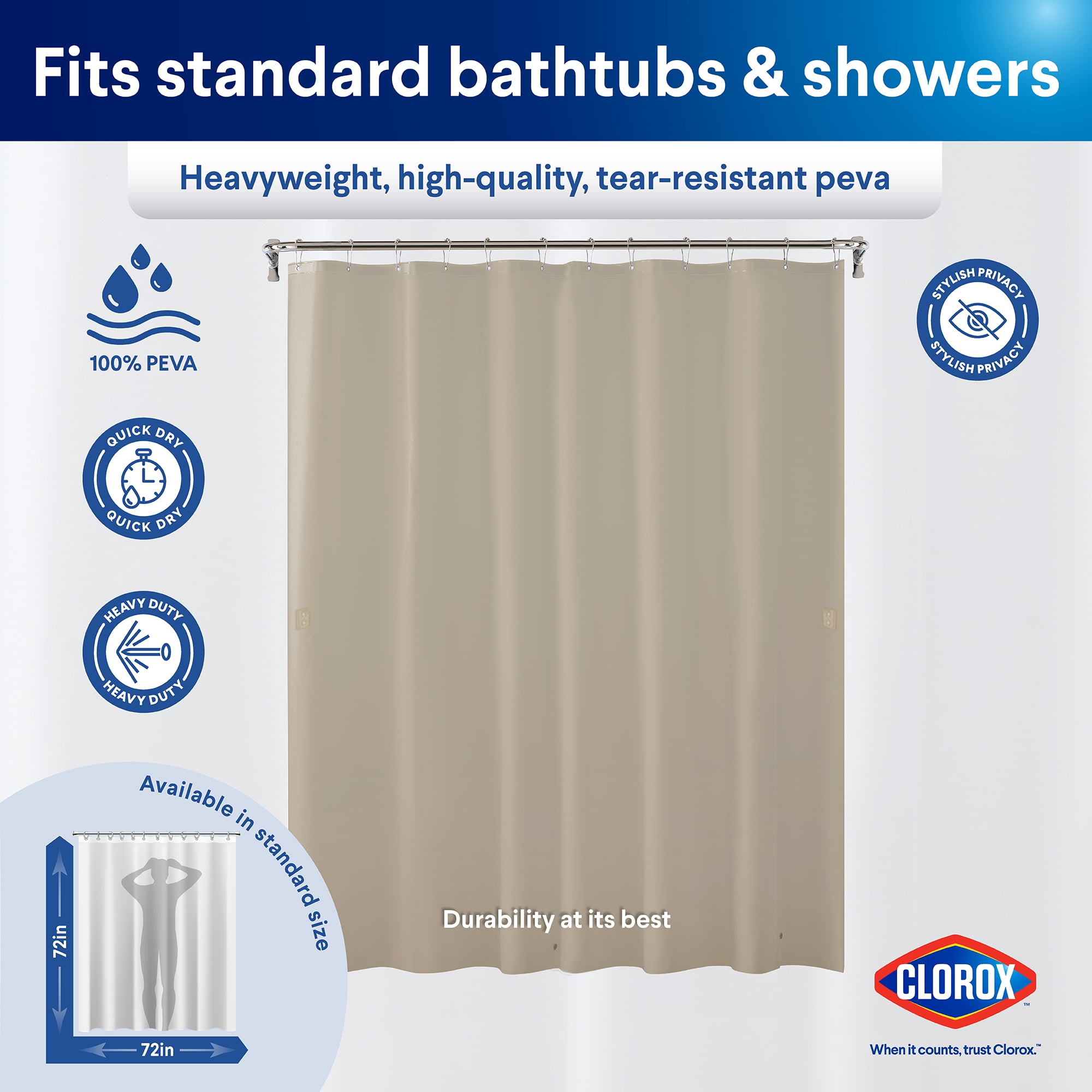Clorox Shower Curtain Liner Heavyweight Waterproof PEVA with Metal Grommets 72" x 72" Beige