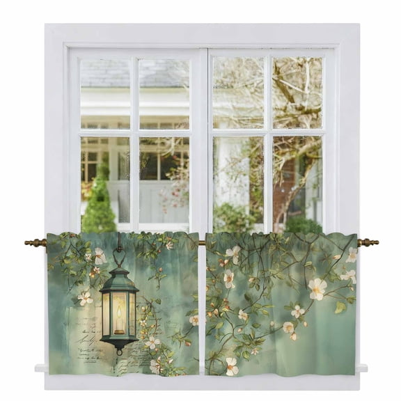 Spring Leaves Tier Curtains 24 Inch Length, Oil Light White Flowers Country Vintage Green Cafe Short Curtains for Bathroom Over Sink, Small Kitchen Curtain Light Filtering Drapes 2 Panels 27.5"Wx24"L