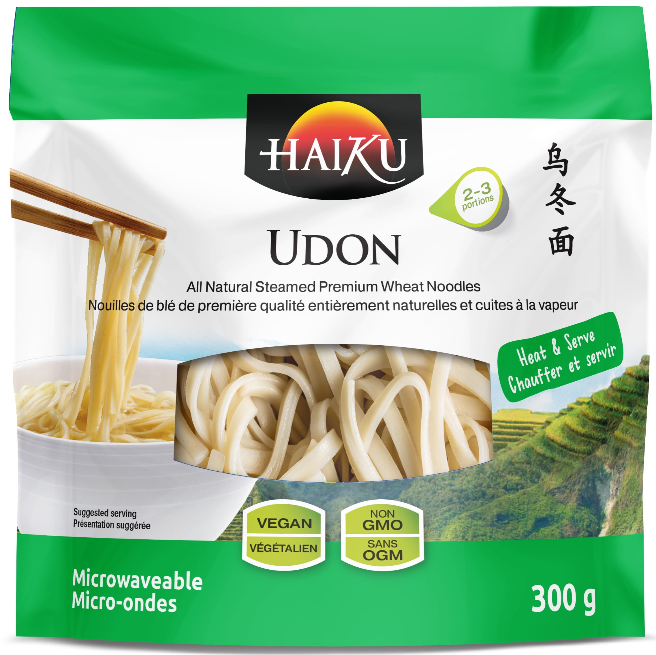 Haiku Nouilles Udon, 300gr Nos nouilles Haiku Udon sont entièrement végétaliennes et sans OGM. Fabriqué avec des ingrédients entièrement naturels et des ingrédients de première qualité. Il suffit de chauffer et de servir, c’est aussi simple que ça !