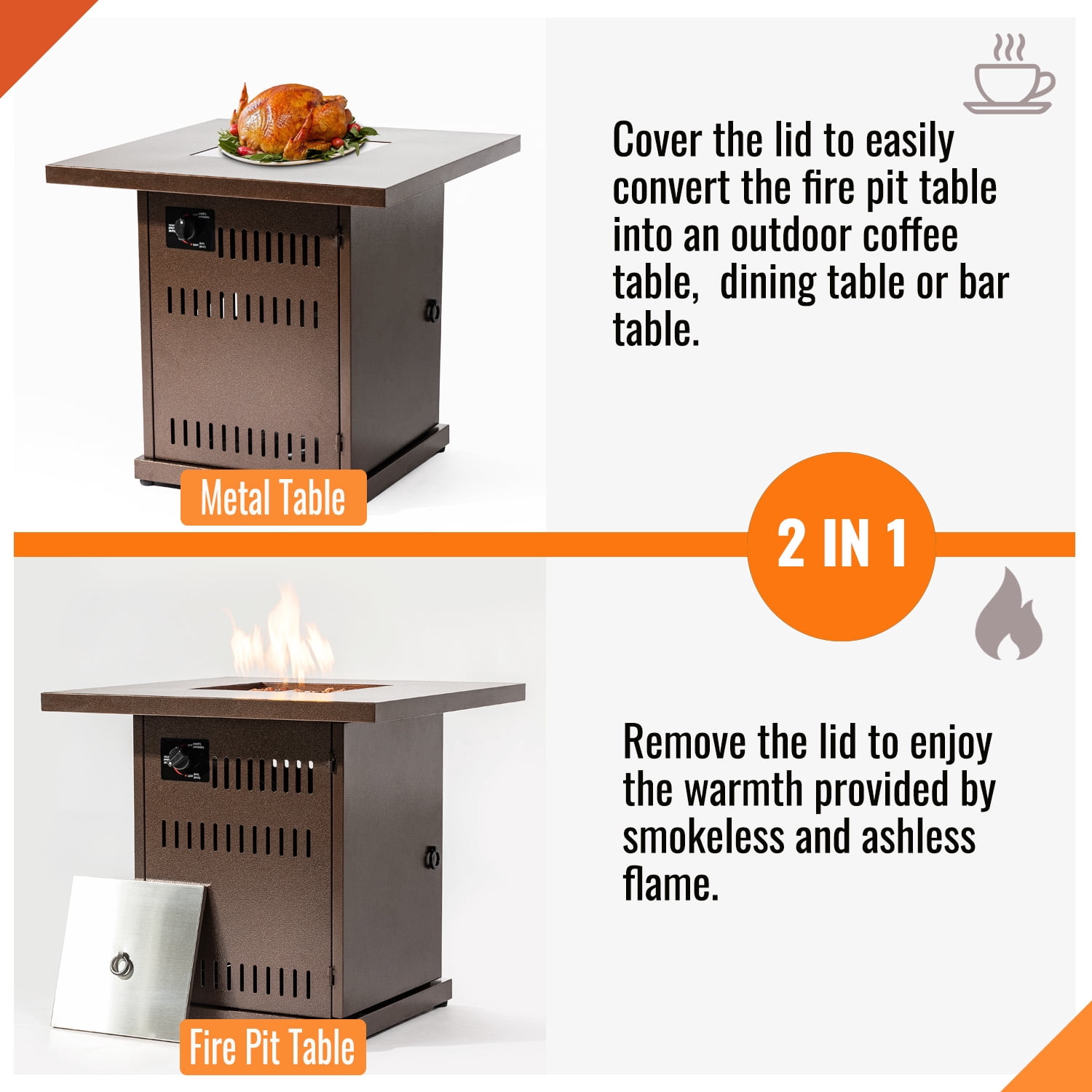 AJ Enjoy 28'' Outdoor Propane Fire Pit Table, 50,000 BTU Auto-Ignition Square Gas Firepit with Painted Steel Tabletop, Lava Rocks, Stainless Steel Lid