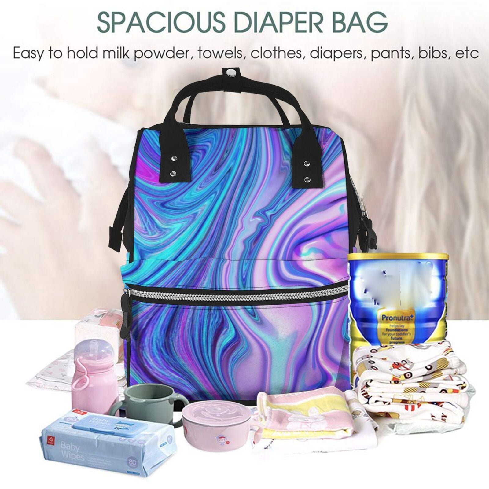 Ratiio Swirl Blue And Purple Mummy Backpack - Waterproof Twill Canvas, Large Capacity Diaper Bag with Multiple Pockets and Adjustable Straps