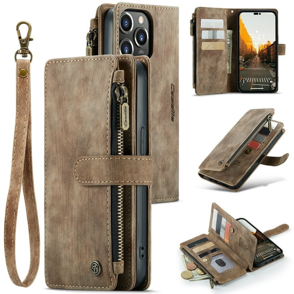 Zipper Wallet Case for iPhone 14 Pro, Premium PU Leather Wrist Hand Strap Card Slots Holder Flip Folio Cover with Magnetic Suction Kickstand Large Capacity Shockproof Case,Brown