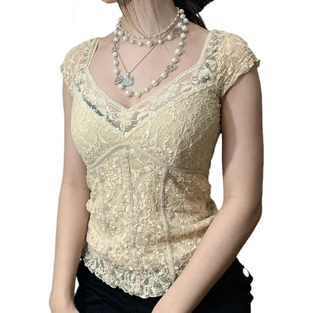 

wybzd Women Aesthetic Crop Top Lace V-Neck Slim Fit Bustier Shirt Retro Vintage Blouse Fairy Grunge Streetwear Apricot S